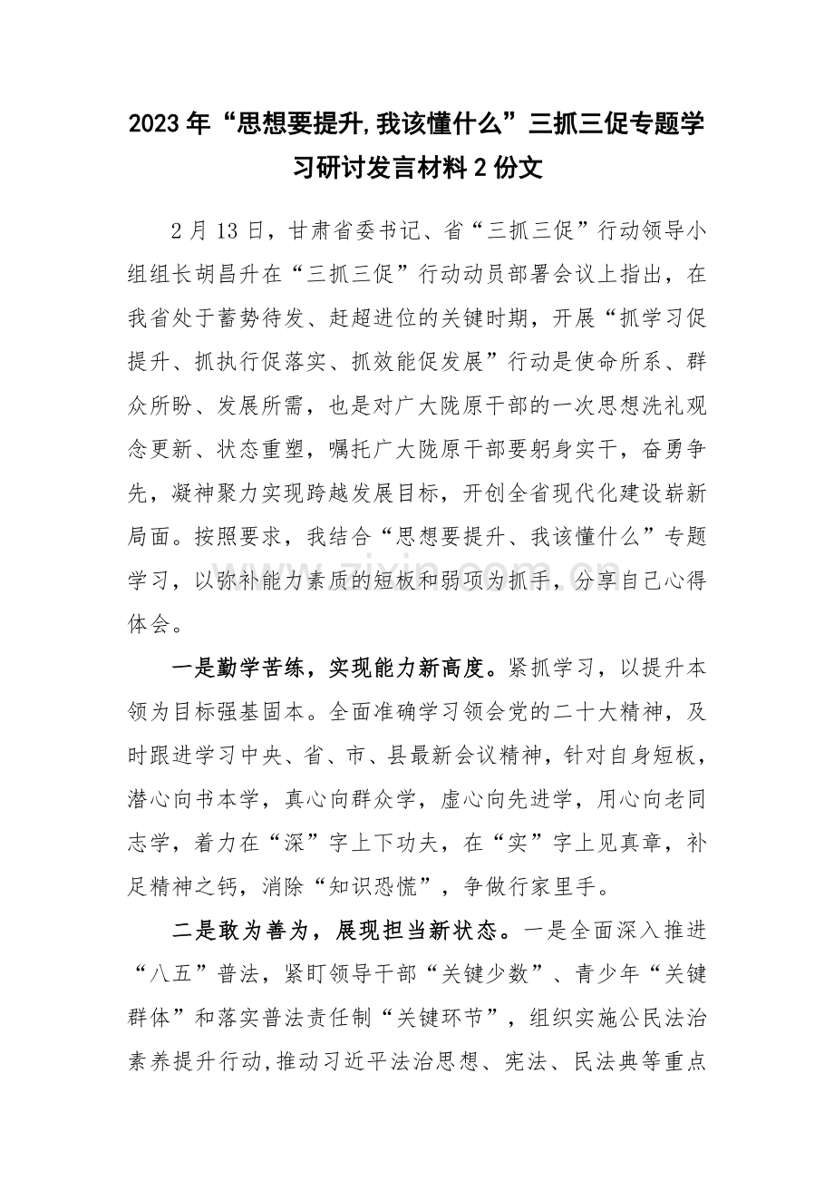 2023年“思想要提升,我该懂什么”三抓三促专题学习研讨发言材料2份文.docx_第1页