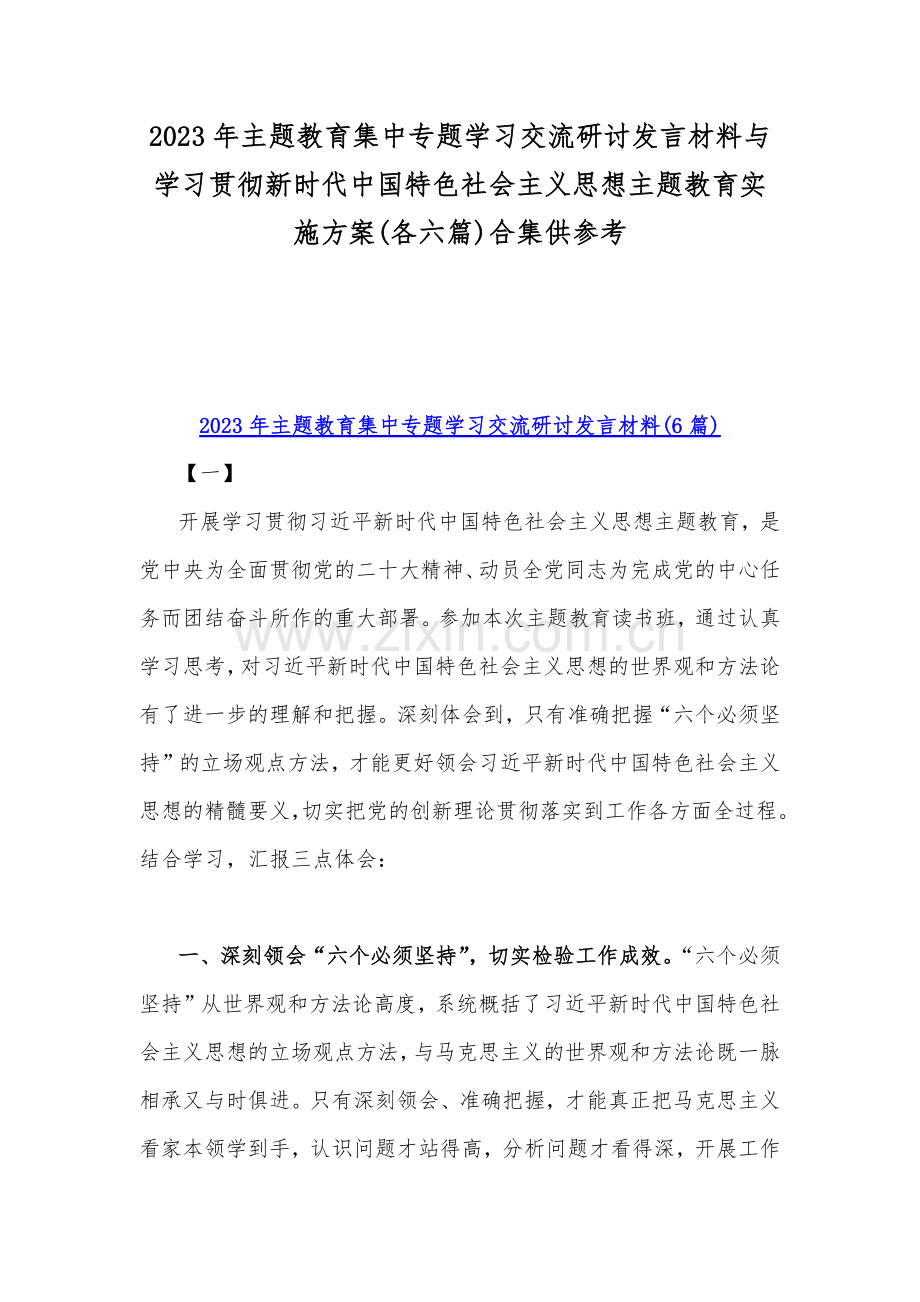 2023年主题教育集中专题学习交流研讨发言材料与学习贯彻新时代中国特色社会主义思想主题教育实施方案(各六篇)合集供参考.docx_第1页