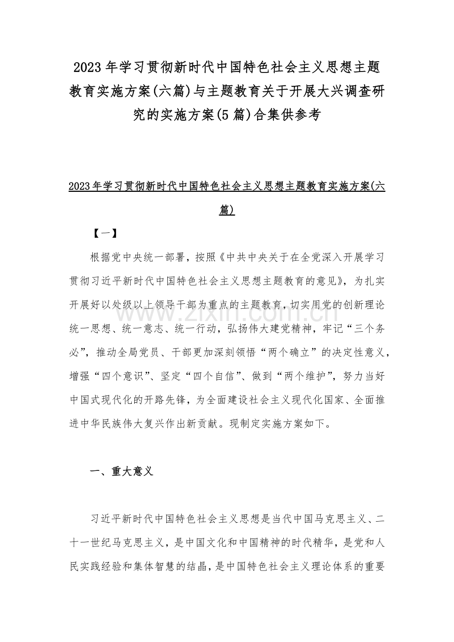 2023年学习贯彻新时代中国特色社会主义思想主题教育实施方案(六篇)与主题教育关于开展大兴调查研究的实施方案(5篇)合集供参考.docx_第1页