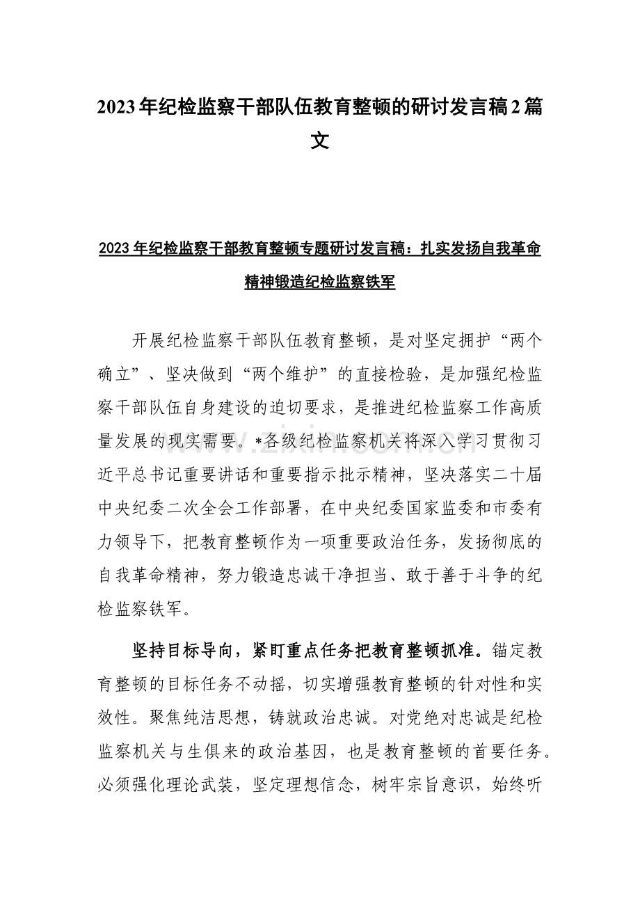 2023年纪检监察干部队伍教育整顿的研讨发言稿2篇文.docx_第1页