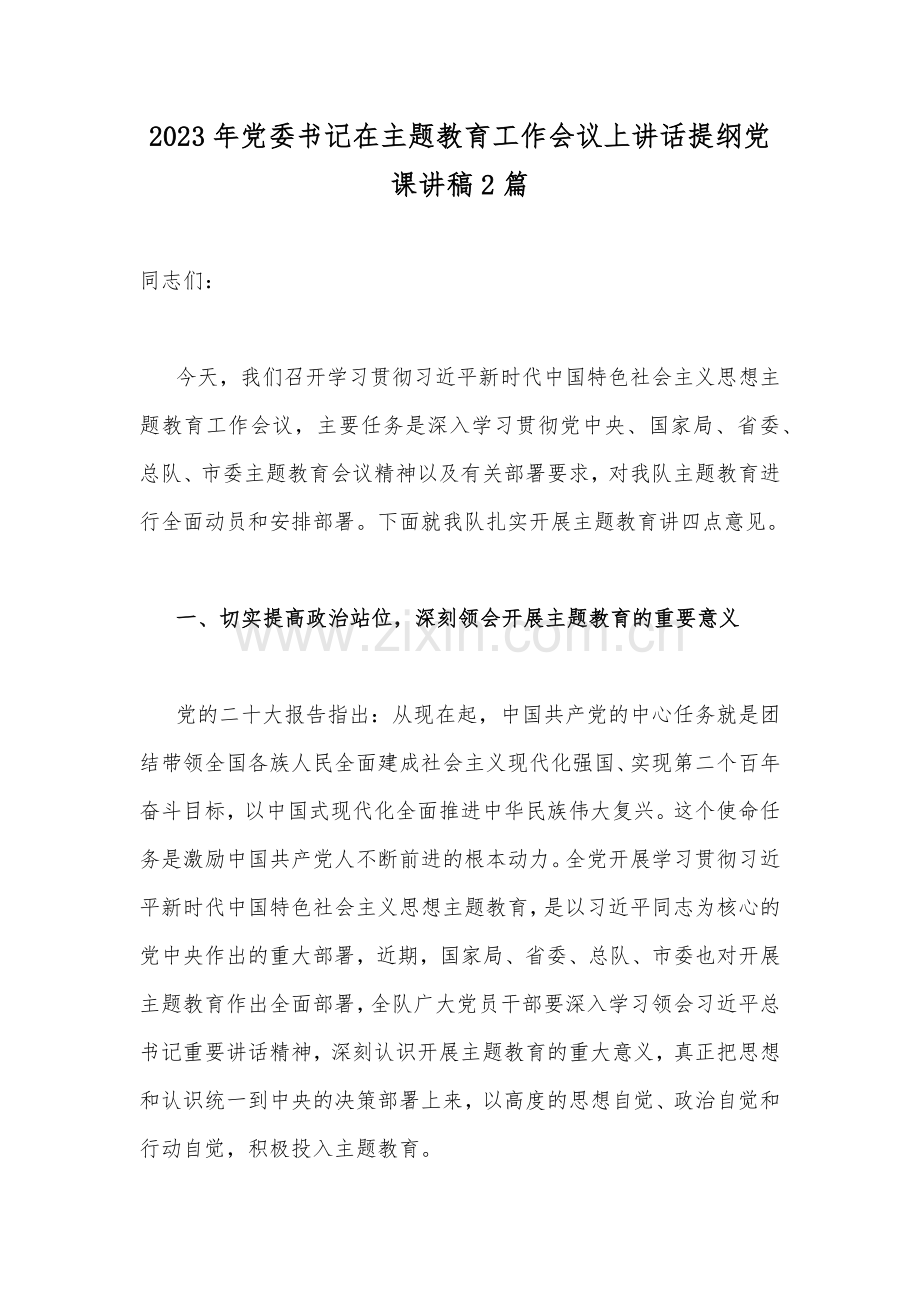 2023年党委书记在主题教育工作会议上讲话提纲党课讲稿2篇.docx_第1页