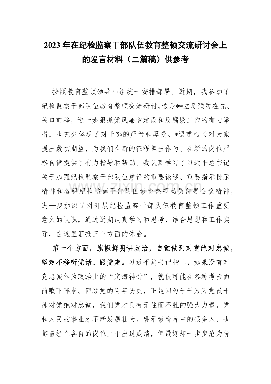 2023年在纪检监察干部队伍教育整顿交流研讨会上的发言材料（二篇稿）供参考.docx_第1页