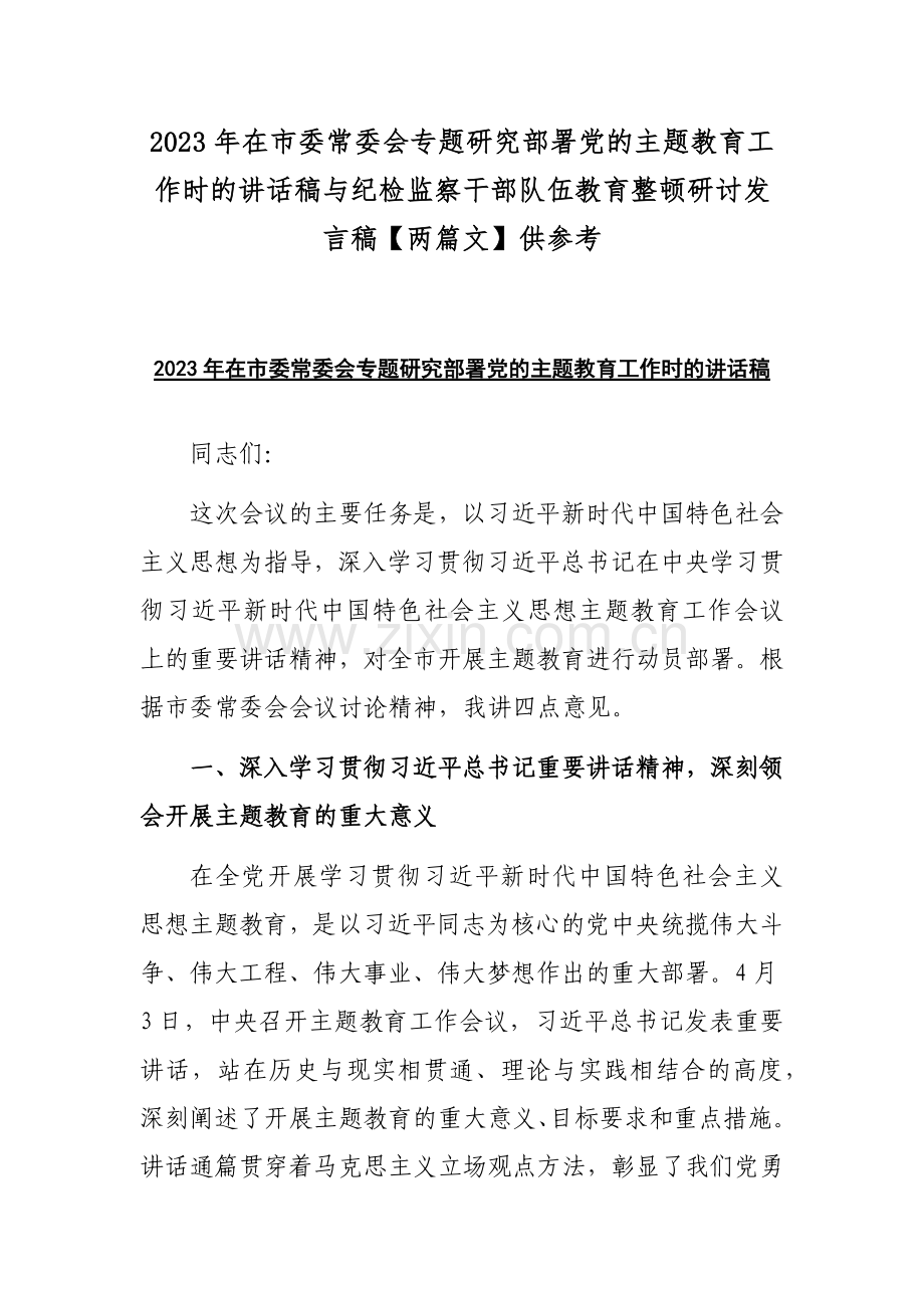 2023年在市委常委会专题研究部署党的主题教育工作时的讲话稿与纪检监察干部队伍教育整顿研讨发言稿【两篇文】供参考.docx_第1页