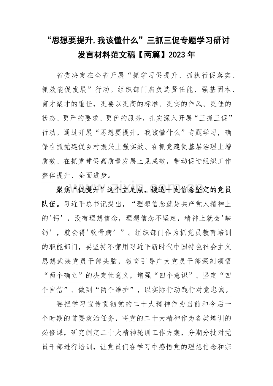 “思想要提升,我该懂什么”三抓三促专题学习研讨发言材料范文稿【两篇】2023年.docx_第1页