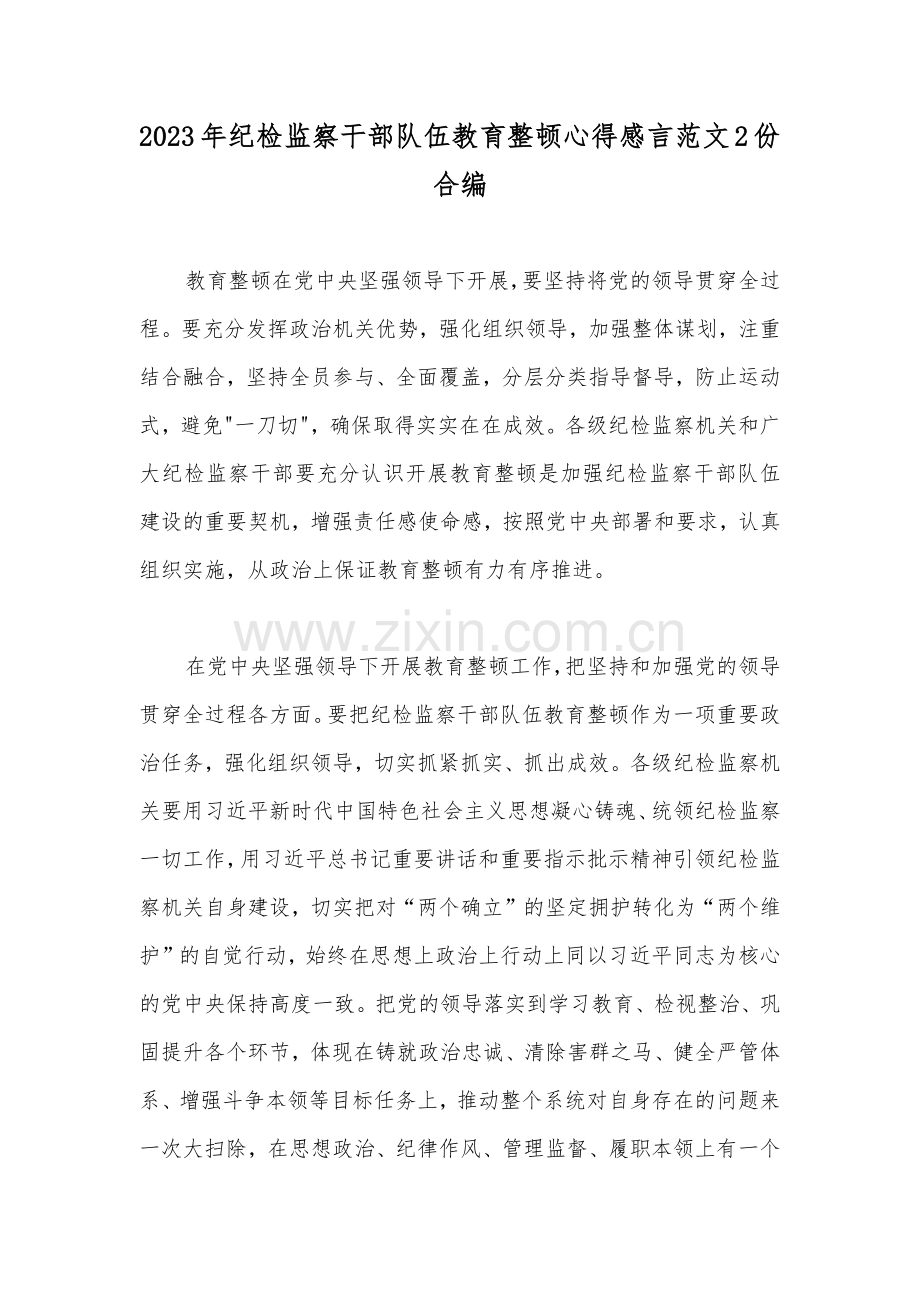 2023年纪检监察干部队伍教育整顿心得感言范文2份合编.docx_第1页