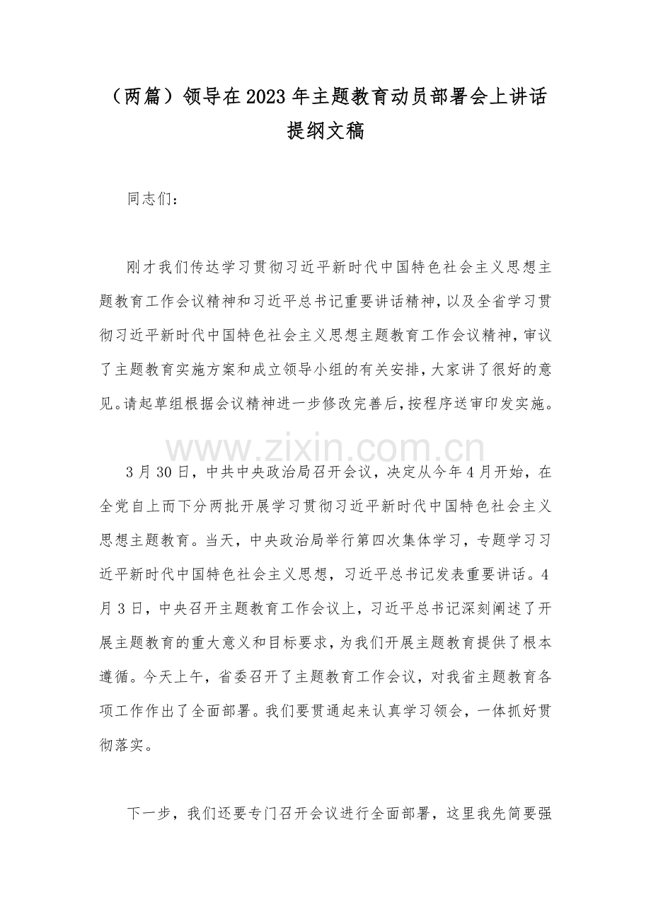 （两篇）领导在2023年主题教育动员部署会上讲话提纲文稿.docx_第1页