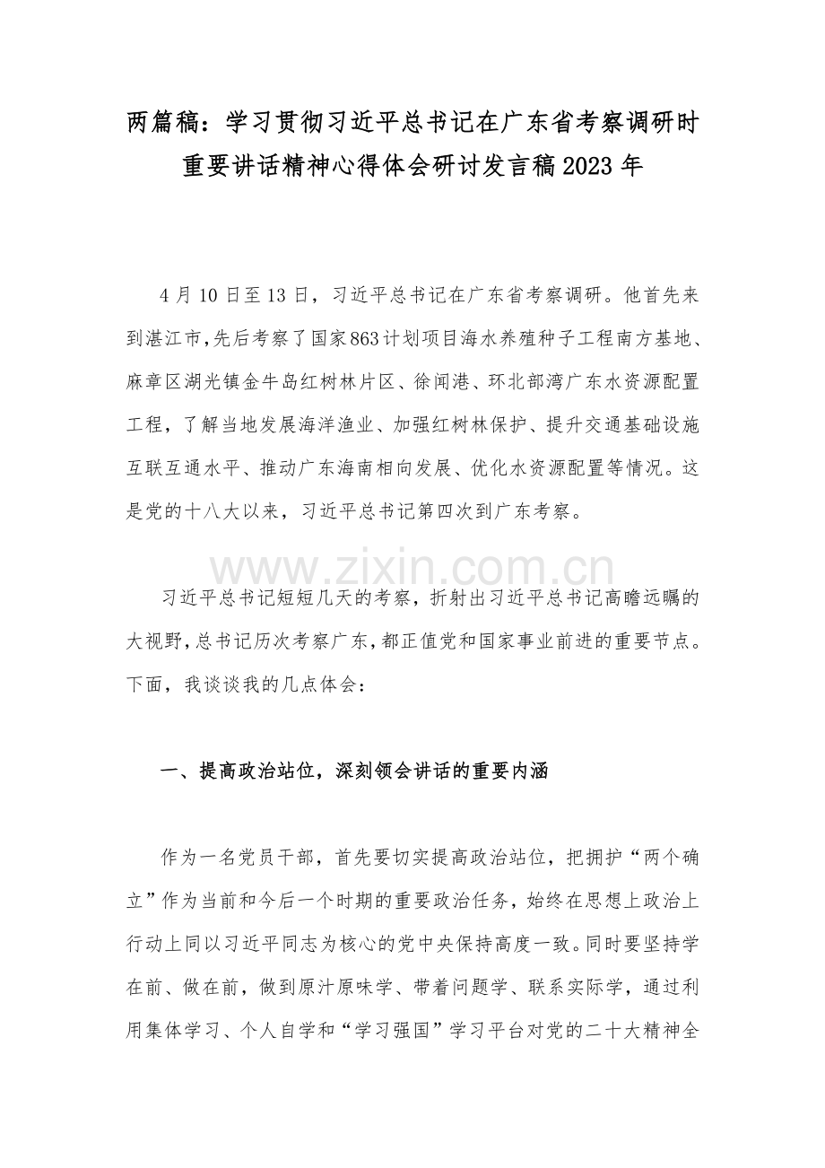 两篇稿：学习贯彻习近平总书记在广东省考察调研时重要讲话精神心得体会研讨发言稿2023年.docx_第1页