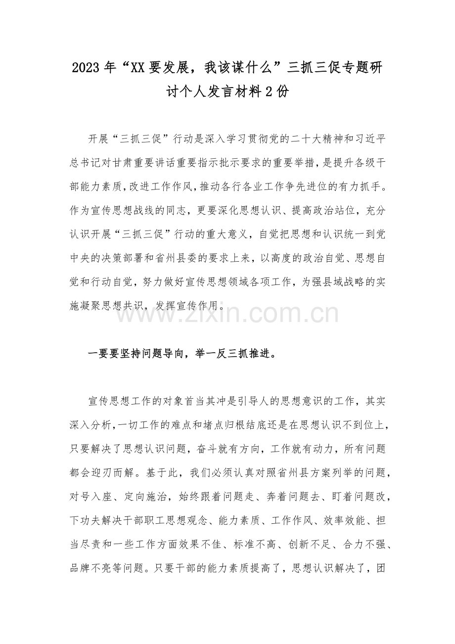 2023年“XX要发展我该谋什么”三抓三促专题研讨个人发言材料2份.docx_第1页