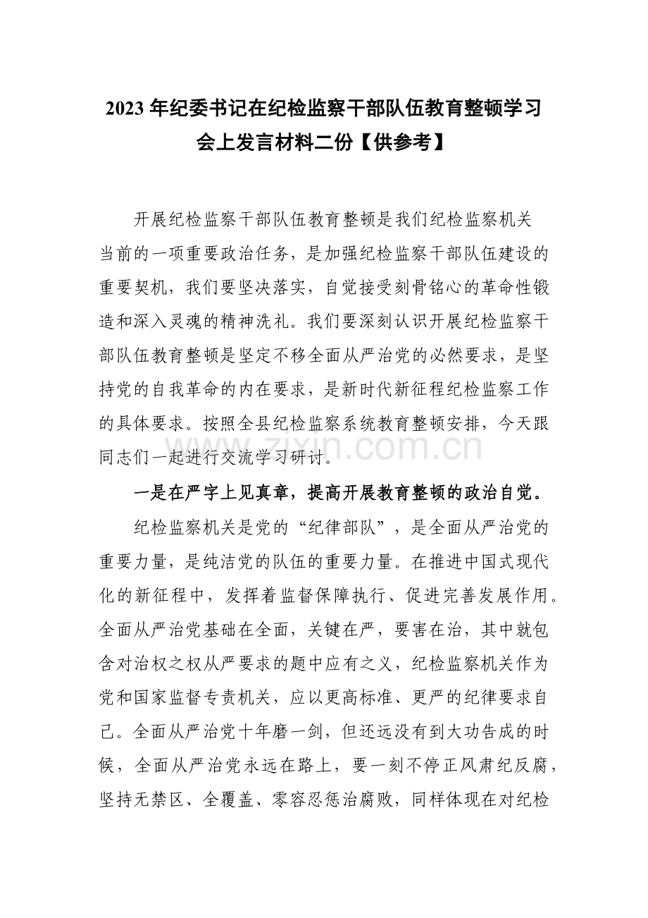 2023年纪委书记在纪检监察干部队伍教育整顿学习会上发言材料二份【供参考】.docx_第1页