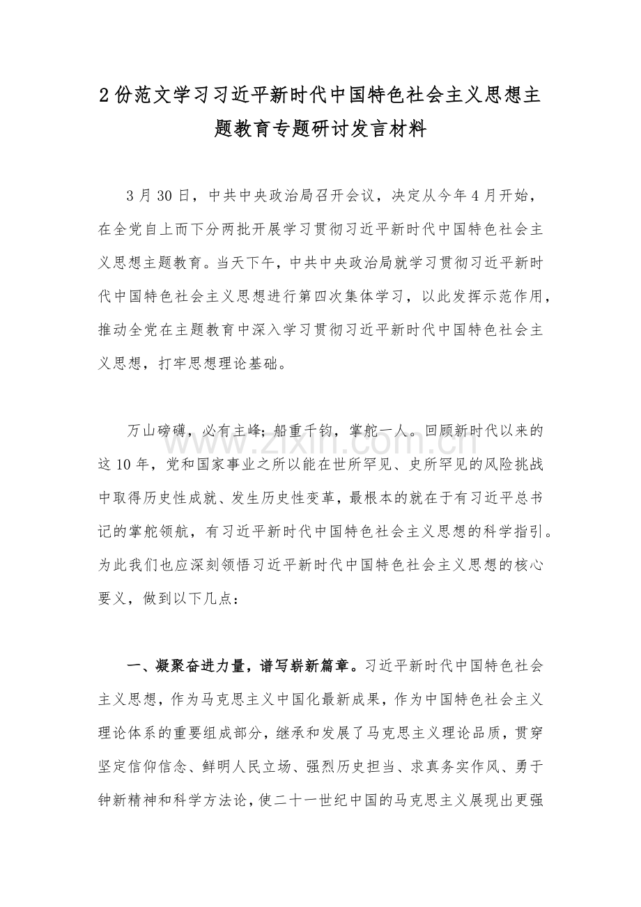 2份范文学习习近平新时代中国特色社会主义思想主题教育专题研讨发言材料.docx_第1页