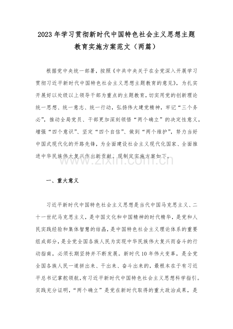 2023年学习贯彻新时代中国特色社会主义思想主题教育实施方案范文（两篇）.docx_第1页