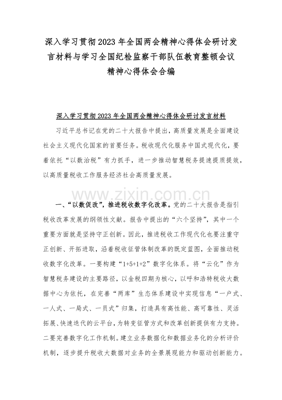 深入学习贯彻2023年全国两会精神心得体会研讨发言材料与学习全国纪检监察干部队伍教育整顿会议精神心得体会合编.docx_第1页