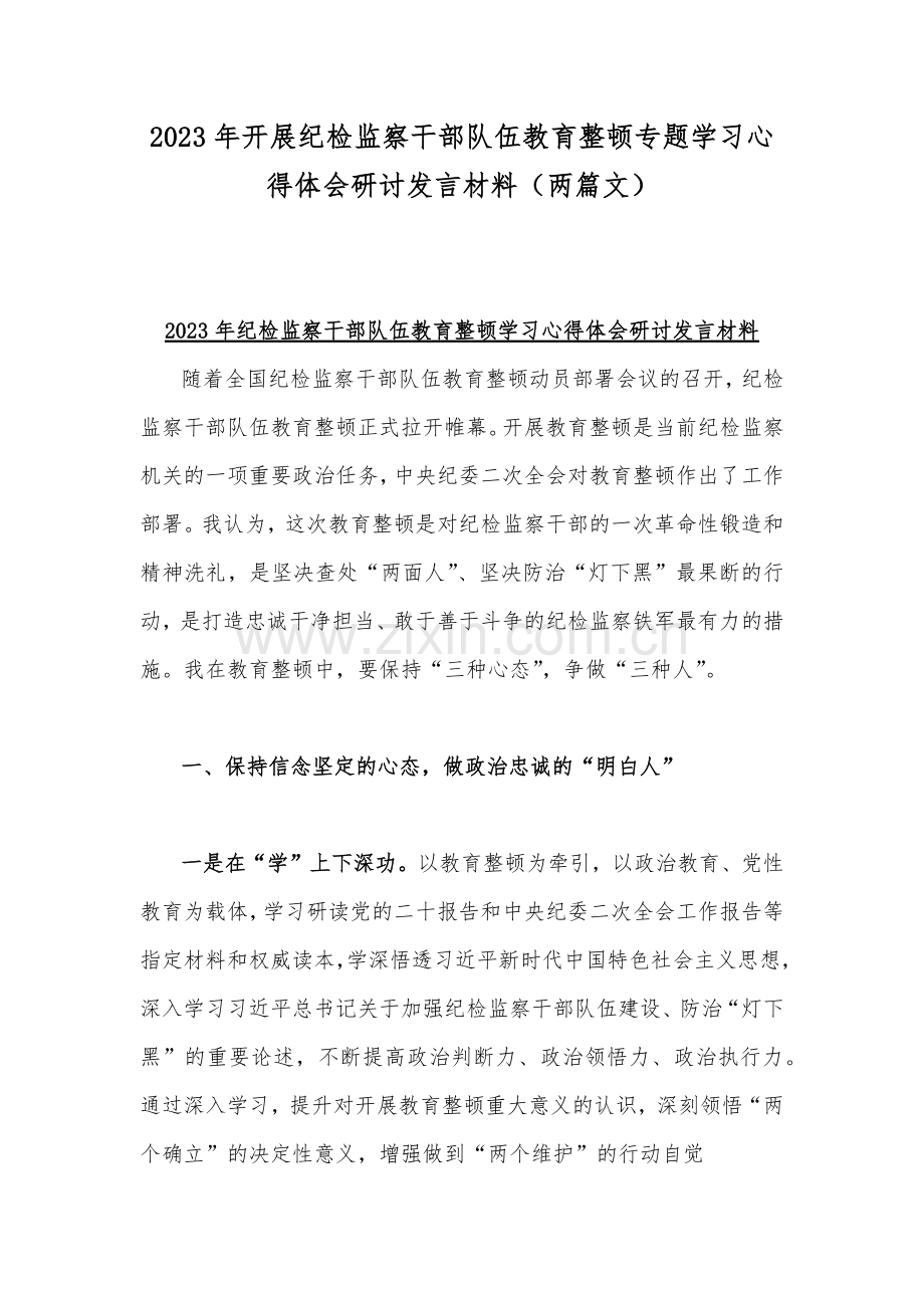 2023年开展纪检监察干部队伍教育整顿专题学习心得体会研讨发言材料（两篇文）.docx_第1页