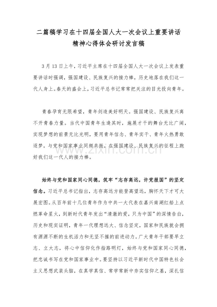 二篇稿学习在十四届全国人大一次会议上重要讲话精神心得体会研讨发言稿.docx_第1页