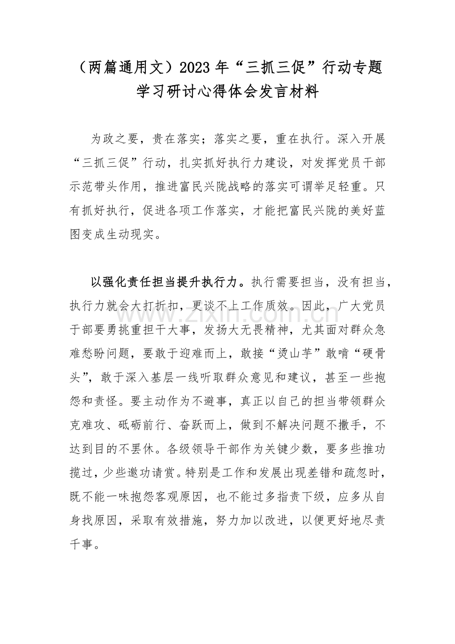 （两篇通用文）2023年“三抓三促”行动专题学习研讨心得体会发言材料.docx_第1页