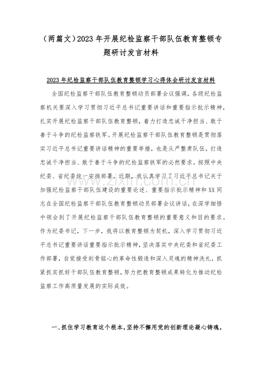 （两篇文）2023年开展纪检监察干部队伍教育整顿专题研讨发言材料.docx_第1页