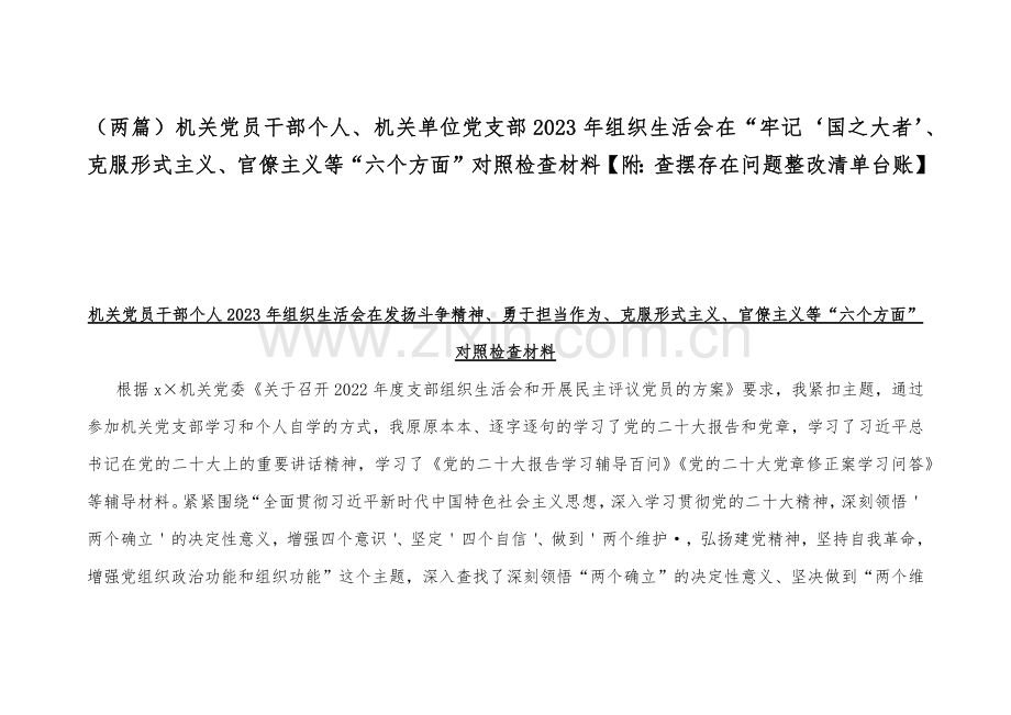 （两篇）机关党员干部个人、机关单位党支部2023年组织生活会在“牢记‘国之大者’、克服形式主义、官僚主义等“六个方面”对照检查材料【附：查摆存在问题整改清单台账】.docx_第1页