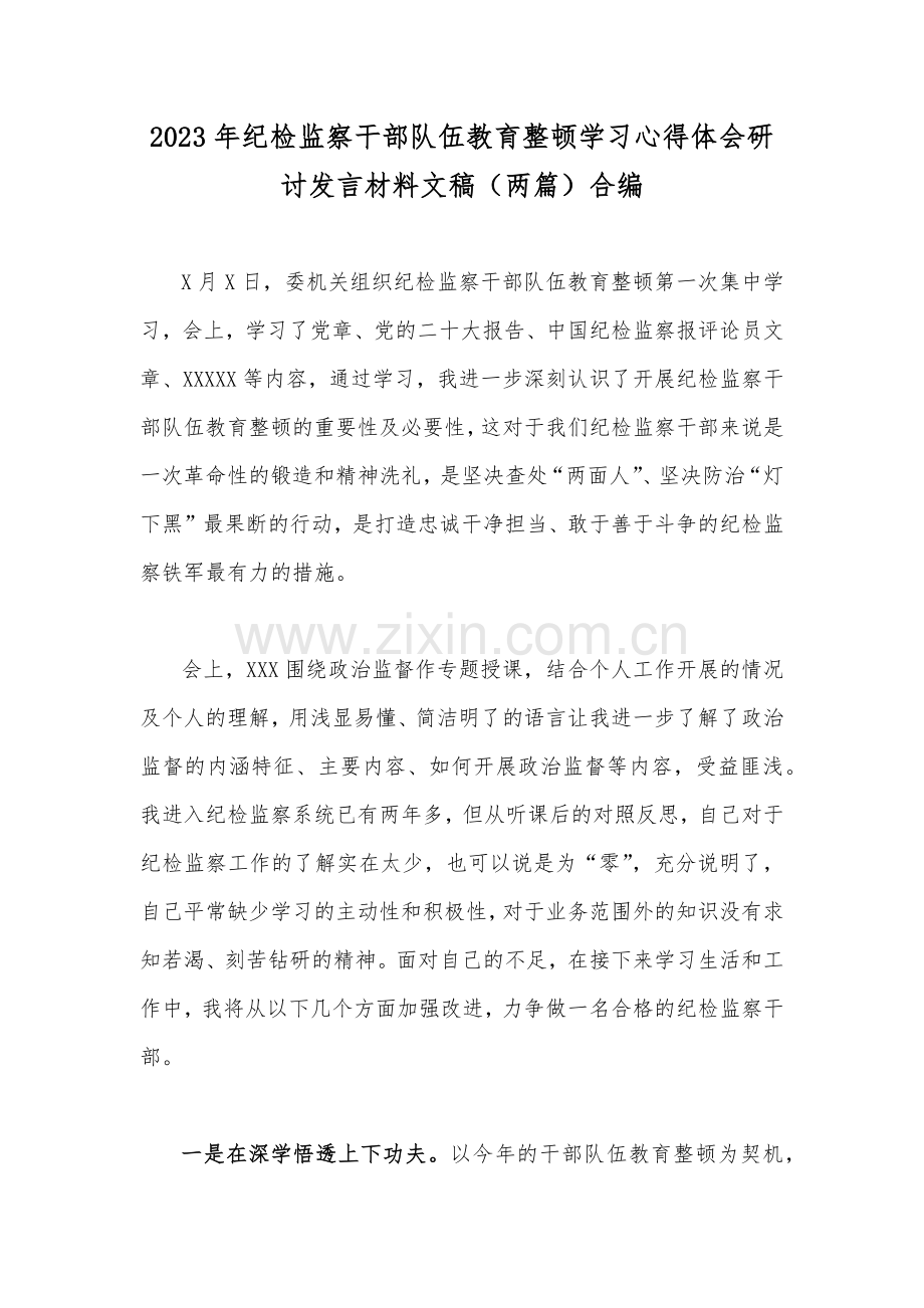 2023年纪检监察干部队伍教育整顿学习心得体会研讨发言材料文稿（两篇）合编.docx_第1页