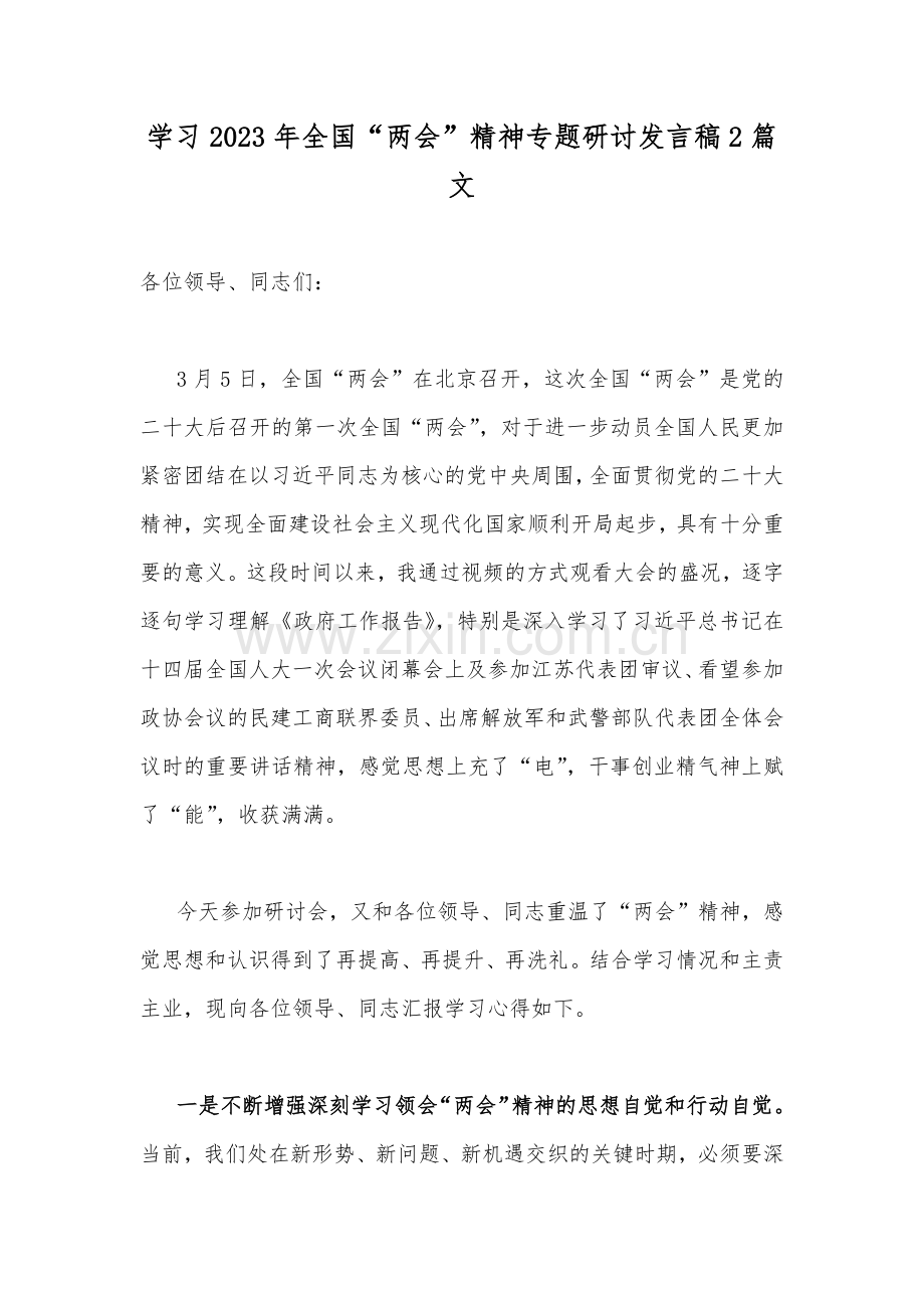 学习2023年全国“两会”精神专题研讨发言稿2篇文.docx_第1页