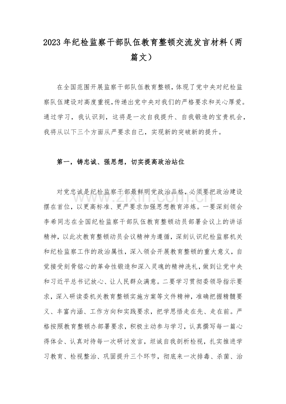 2023年纪检监察干部队伍教育整顿交流发言材料（两篇文）.docx_第1页