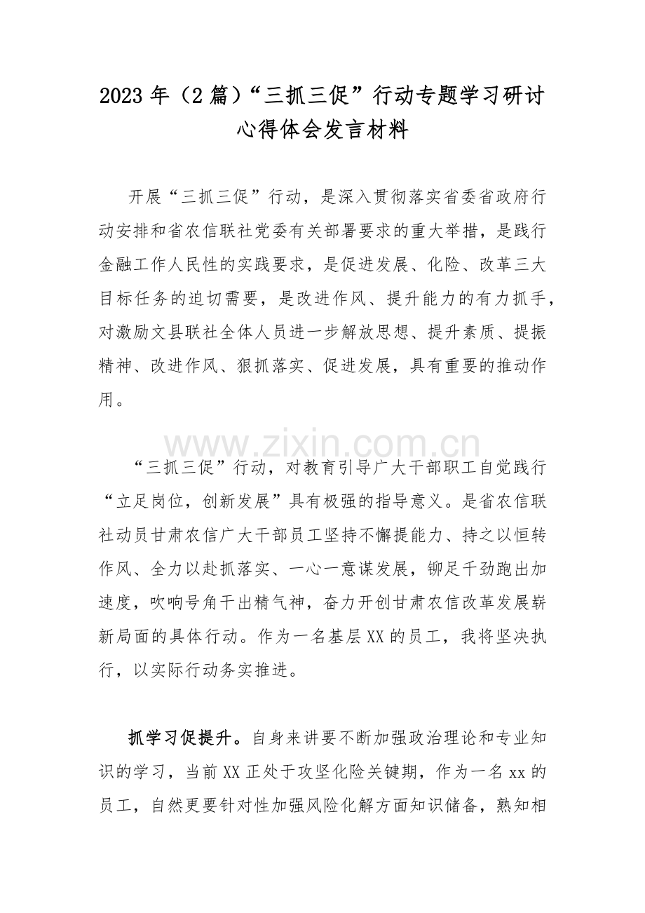 2023年（2篇）“三抓三促”行动专题学习研讨心得体会发言材料.docx_第1页