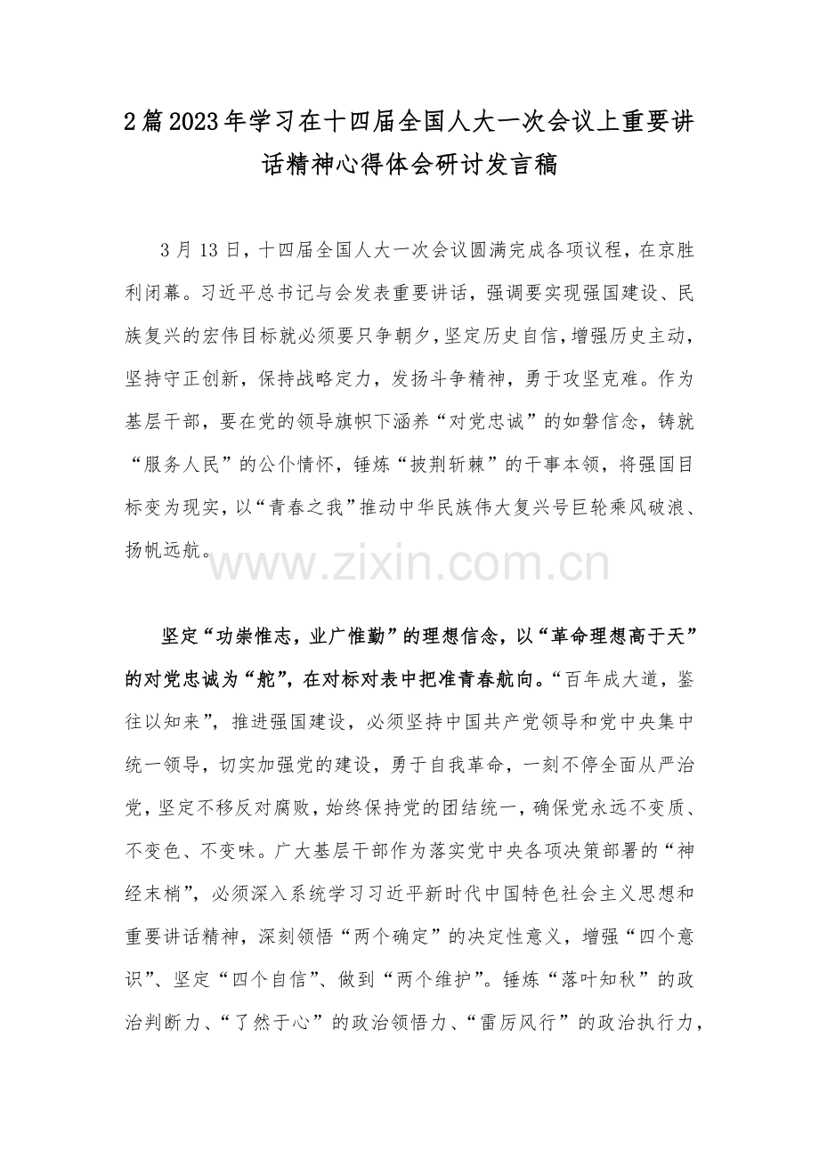 2篇2023年学习在十四届全国人大一次会议上重要讲话精神心得体会研讨发言稿.docx_第1页