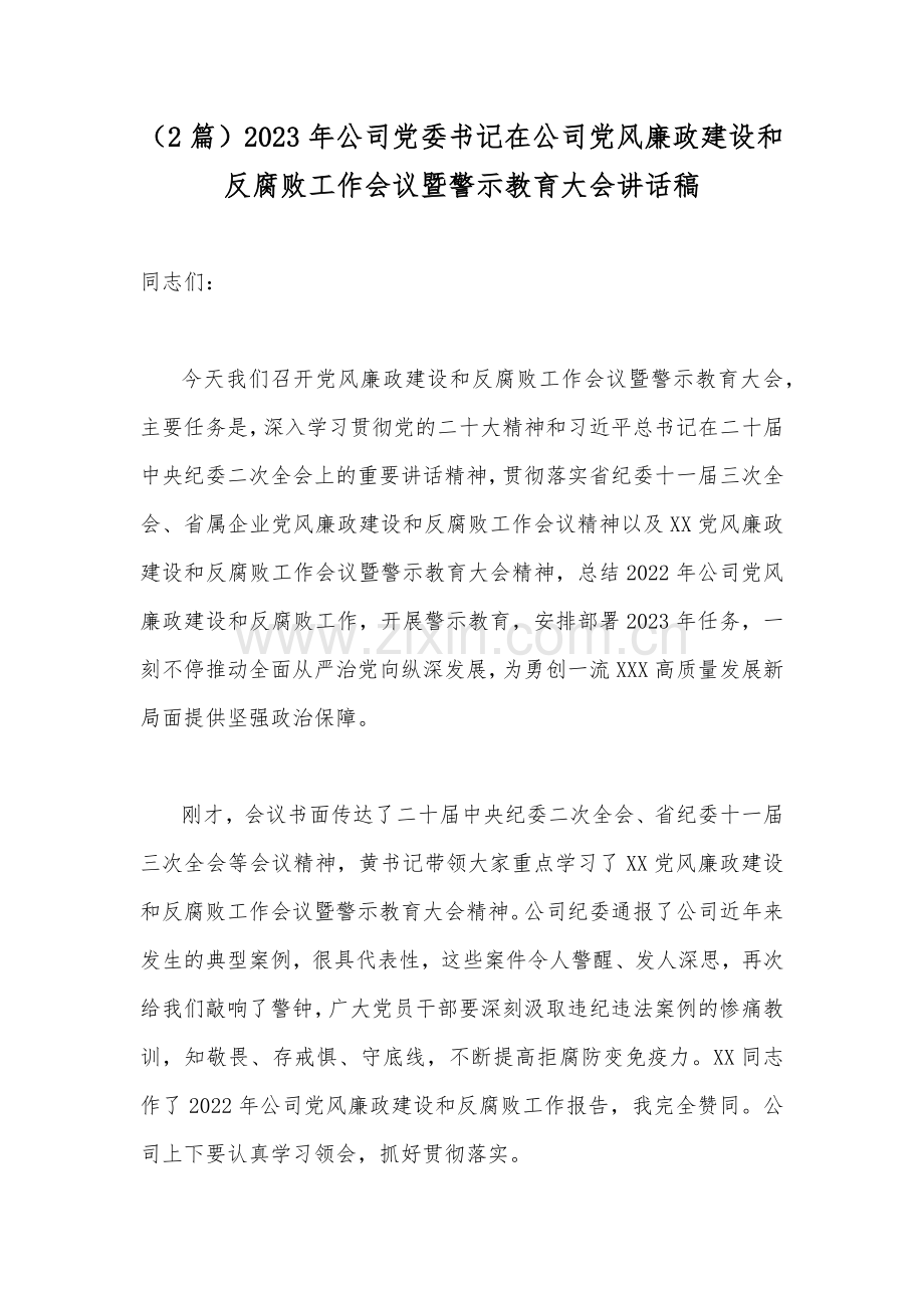 （2篇）2023年公司党委书记在公司党风廉政建设和反腐败工作会议暨警示教育大会讲话稿.docx_第1页