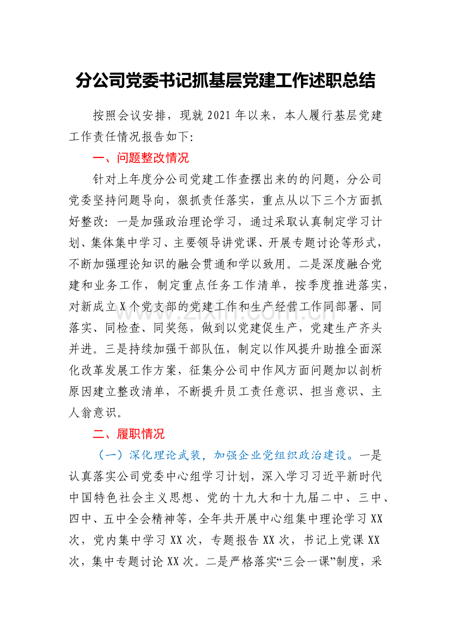 分公司党委书记抓基层党建工作述职总结.docx_第1页