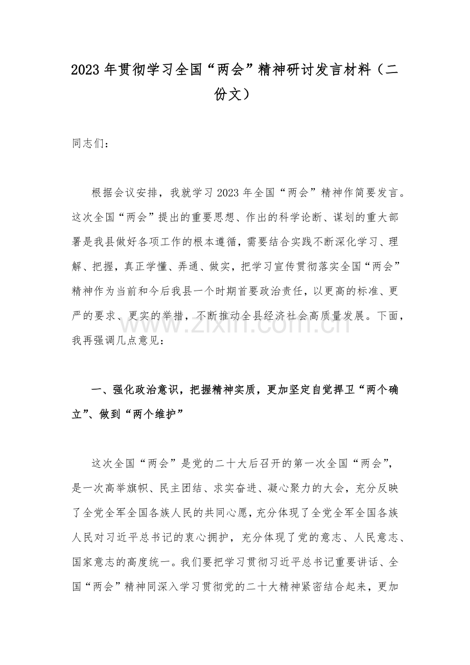 2023年贯彻学习全国“两会”精神研讨发言材料（二份文）.docx_第1页