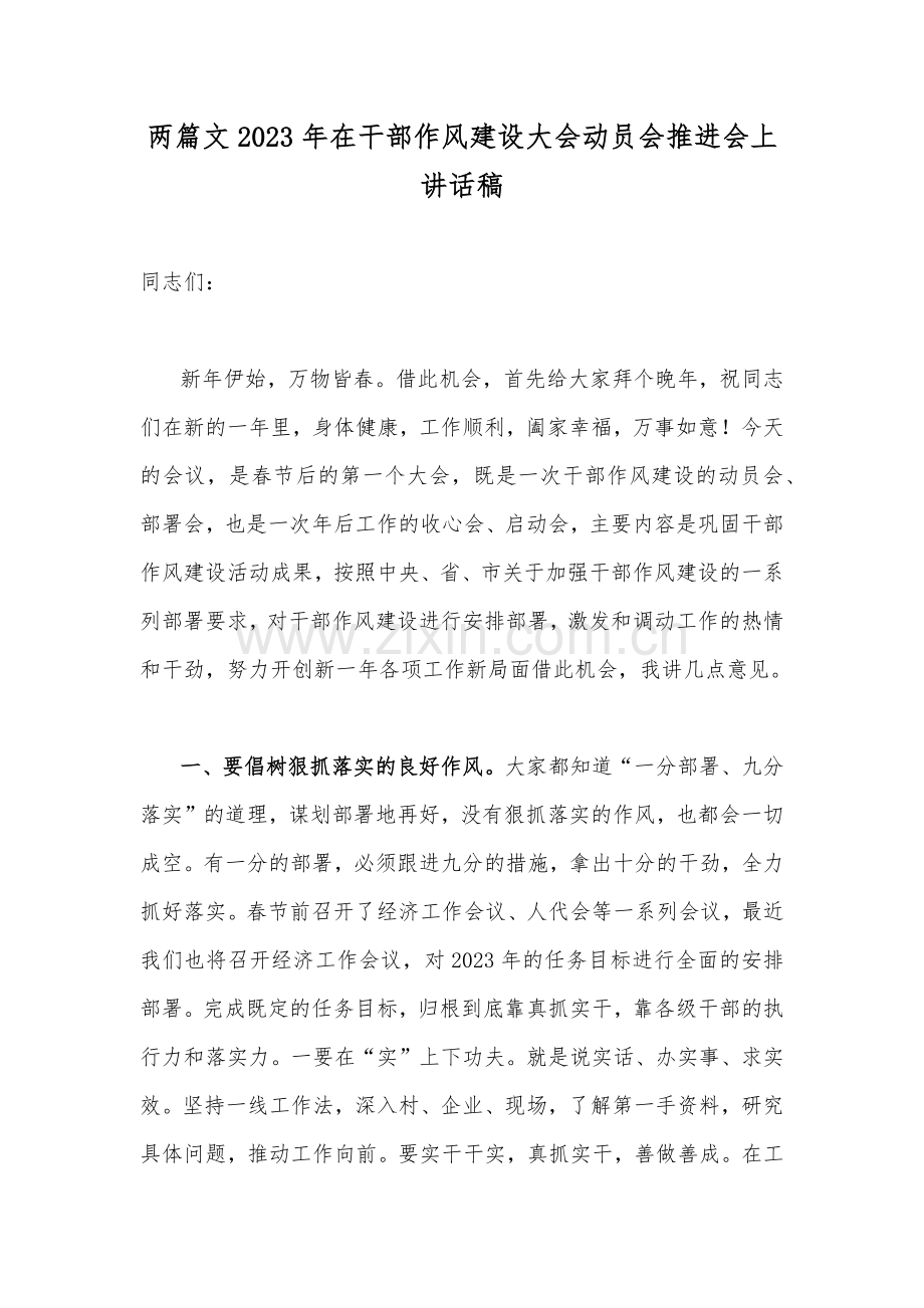 两篇文2023年在干部作风建设大会动员会推进会上讲话稿.docx_第1页