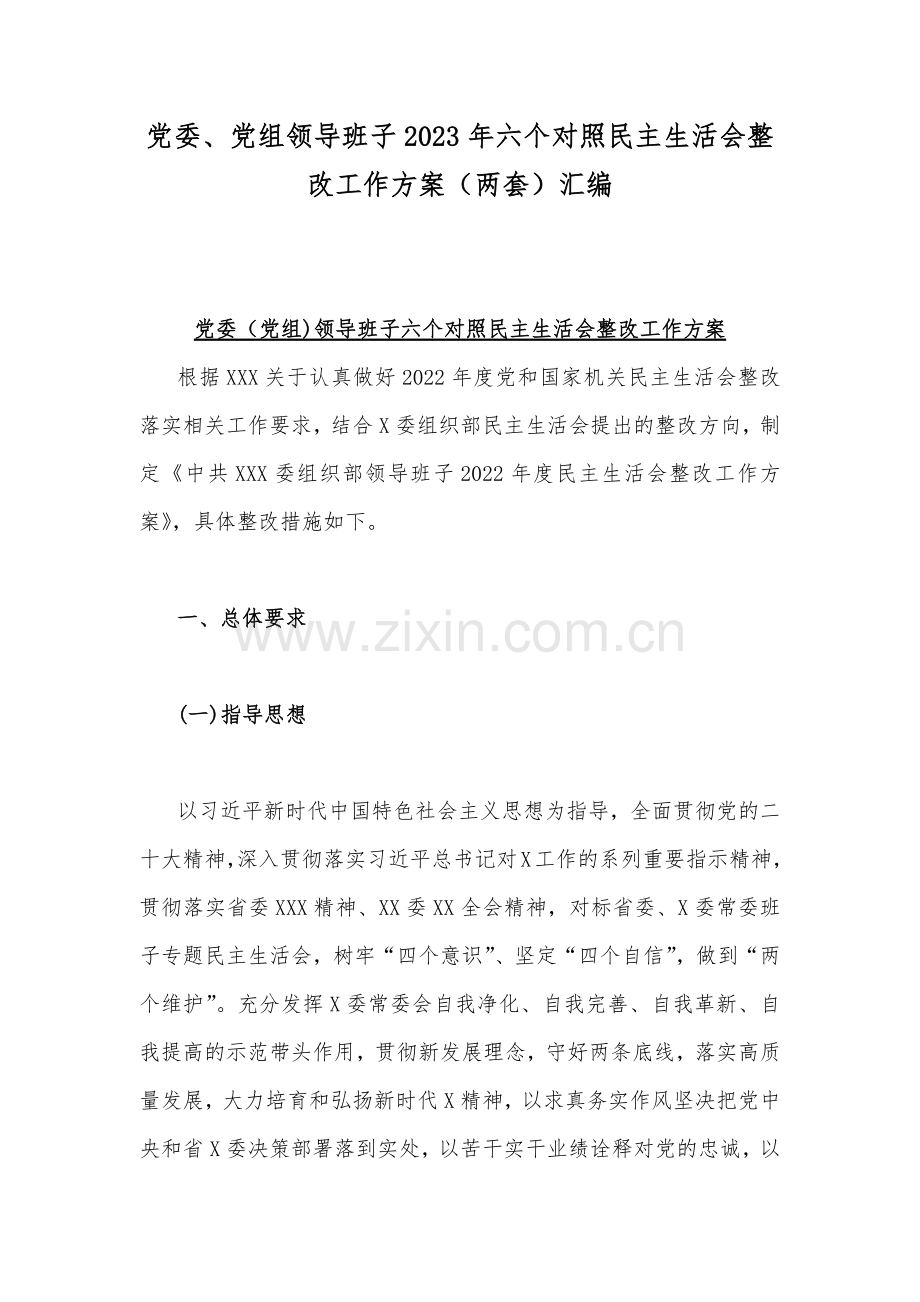 党委、党组领导班子2023年六个对照民主生活会整改工作方案（两套）汇编.docx_第1页