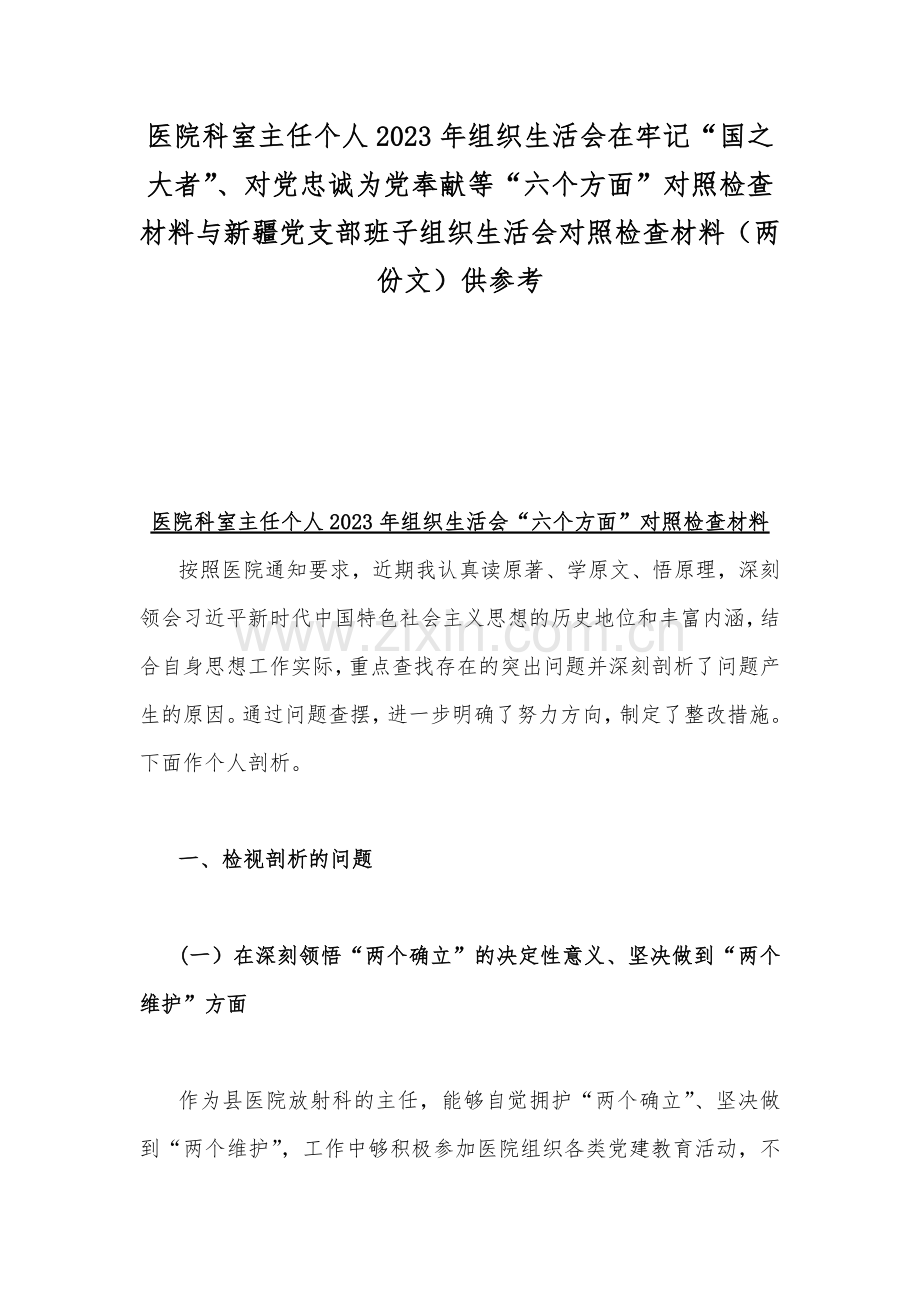 医院科室主任个人2023年组织生活会在牢记“国之大者”、对党忠诚为党奉献等“六个方面”对照检查材料与新疆党支部班子组织生活会对照检查材料（两份文）供参考.docx_第1页