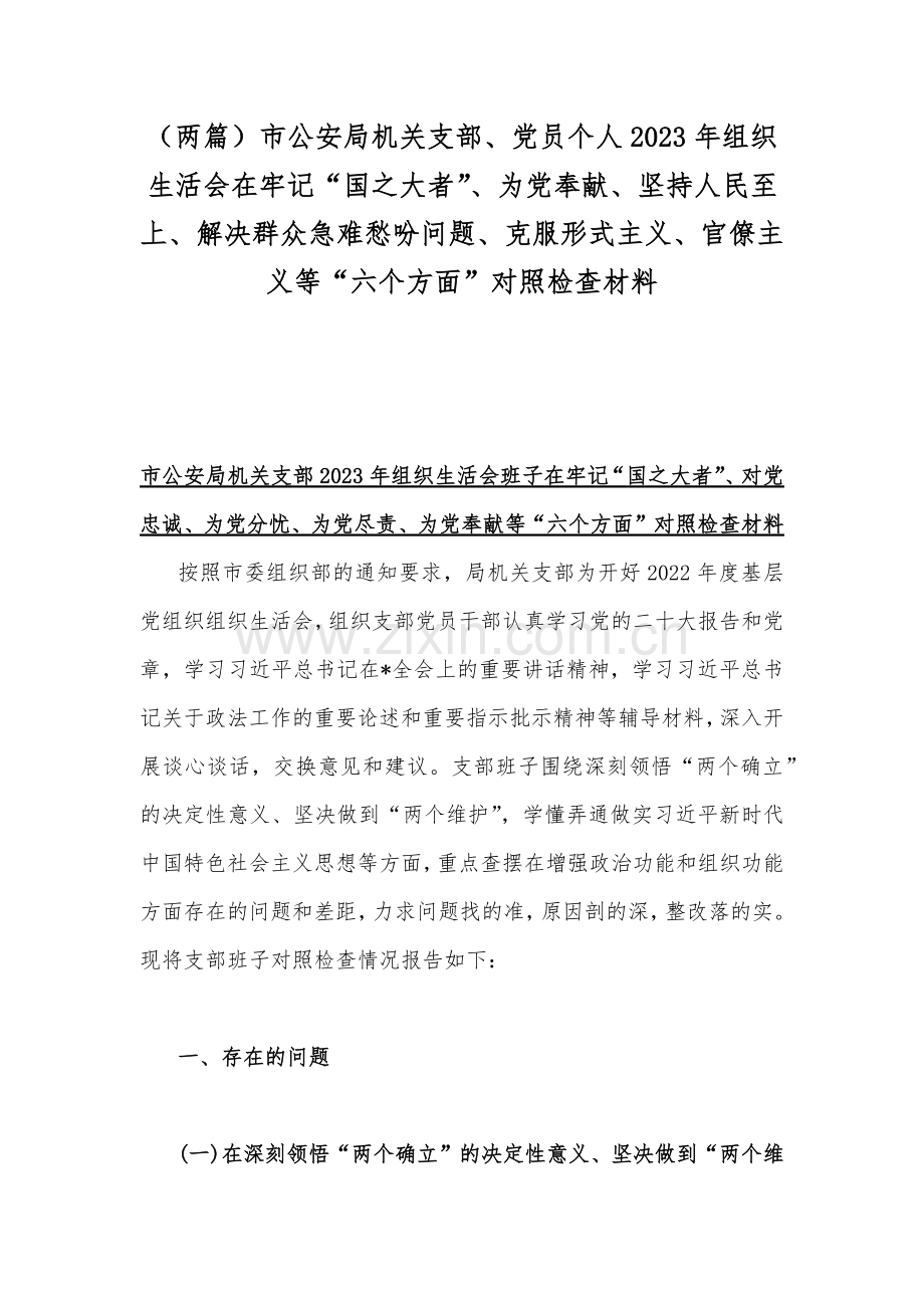 （两篇）市公安局机关支部、党员个人2023年组织生活会在牢记“国之大者”、为党奉献、坚持人民至上、解决群众急难愁吩问题、克服形式主义、官僚主义等“六个方面”对照检查材料.docx_第1页