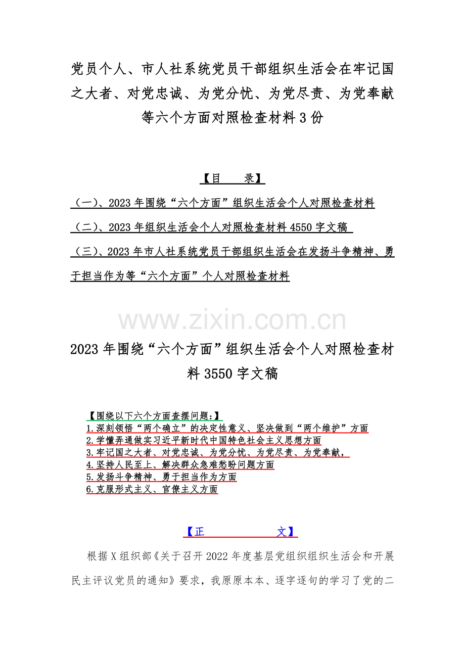 党员个人、市人社系统党员干部组织生活会在牢记国之大者、对党忠诚、为党分忧、为党尽责、为党奉献等六个方面对照检查材料3份.docx_第1页