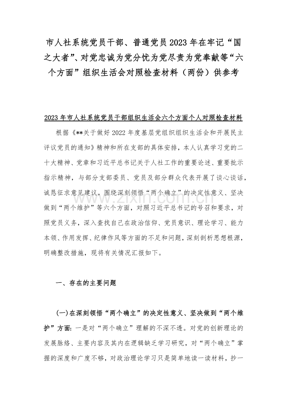 市人社系统党员干部、普通党员2023年在牢记“国之大者”、对党忠诚为党分忧为党尽责为党奉献等“六个方面”组织生活会对照检查材料（两份）供参考.docx_第1页