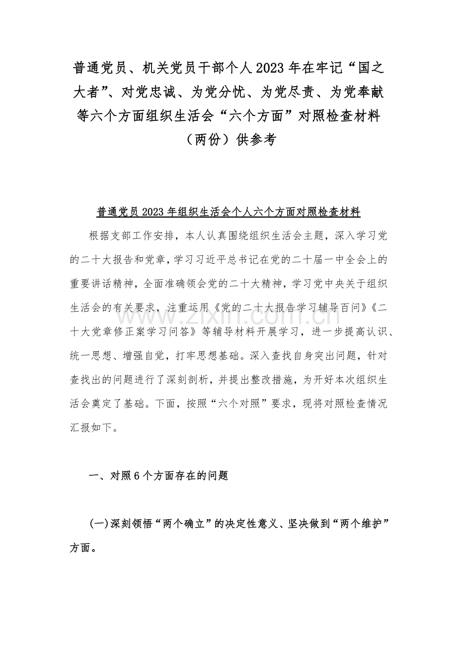 普通党员、机关党员干部个人2023年在牢记“国之大者”、对党忠诚、为党分忧、为党尽责、为党奉献等六个方面组织生活会“六个方面”对照检查材料（两份）供参考.docx_第1页