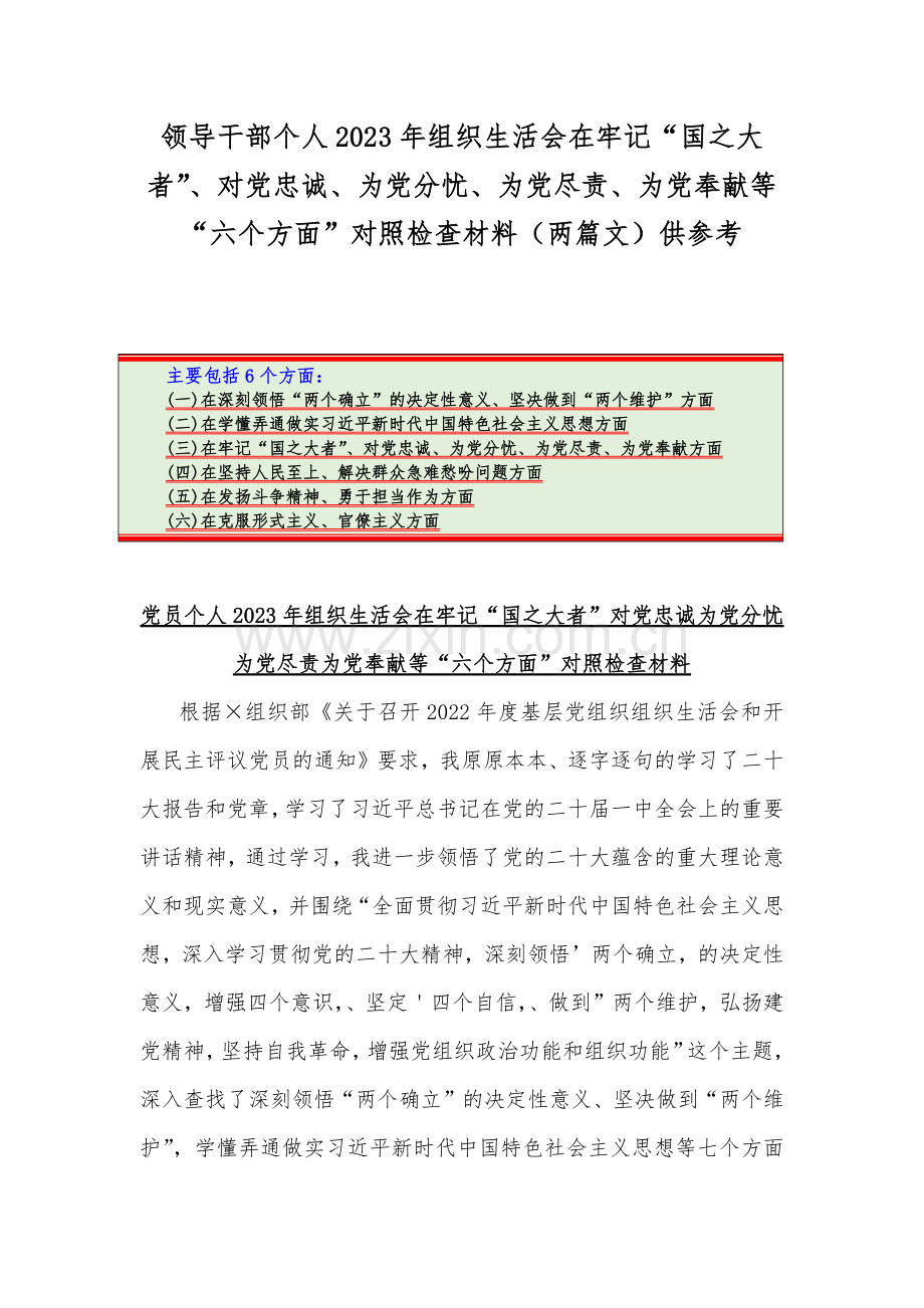 领导干部个人2023年组织生活会在牢记“国之大者”、对党忠诚、为党分忧、为党尽责、为党奉献等“六个方面”对照检查材料（两篇文）供参考.docx_第1页