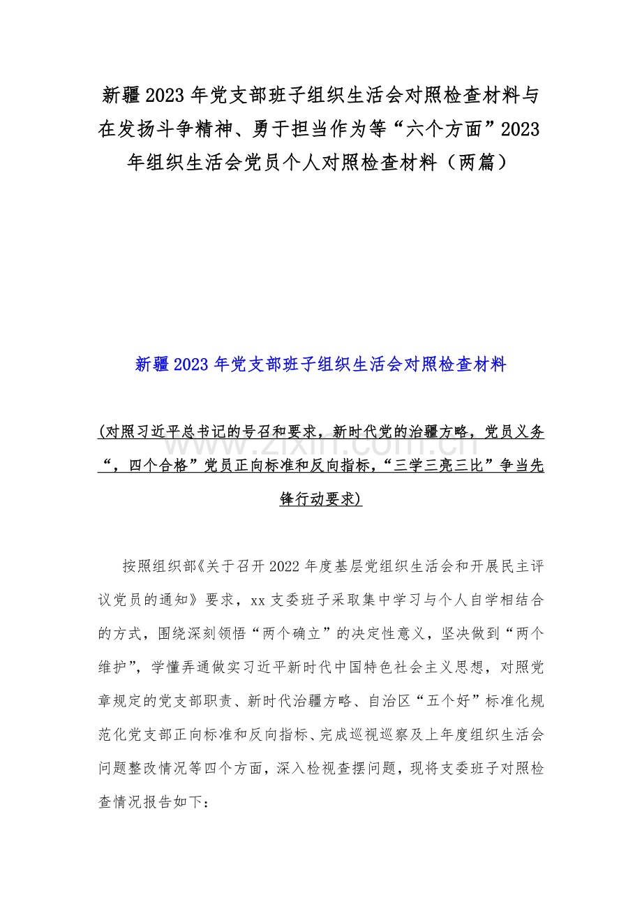 新疆2023年党支部班子组织生活会对照检查材料与在发扬斗争精神、勇于担当作为等“六个方面”2023年组织生活会党员个人对照检查材料（两篇）.docx_第1页