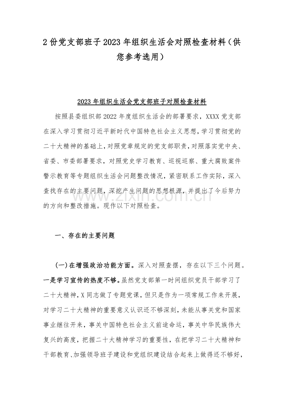 2份党支部班子2023年组织生活会对照检查材料（供您参考选用）.docx_第1页