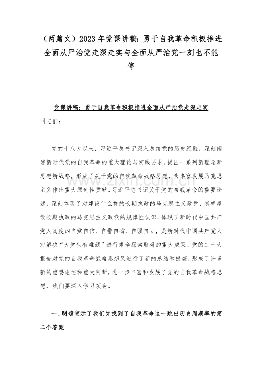 （两篇文）2023年党课讲稿：勇于自我革命积极推进全面从严治党走深走实与全面从严治党一刻也不能停.docx_第1页