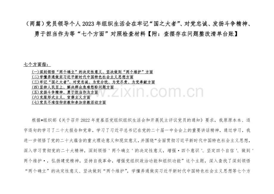 （两篇）党员领导个人2023年组织生活会在牢记“国之大者”、对党忠诚、发扬斗争精神、勇于担当作为等“七个方面”对照检查材料【附：查摆存在问题整改清单台账】.docx_第1页