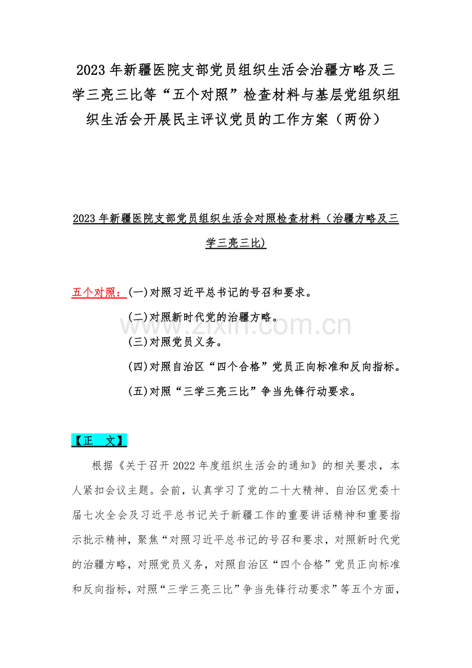 2023年新疆医院支部党员组织生活会治疆方略及三学三亮三比等“五个对照”检查材料与基层党组织组织生活会开展民主评议党员的工作方案（两份）.docx_第1页