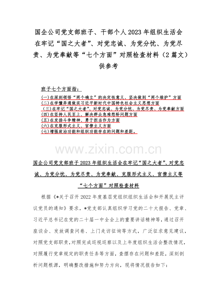 国企公司党支部班子、干部个人2023年组织生活会在牢记“国之大者”、对党忠诚、为党分忧、为党尽责、为党奉献等“七个方面”对照检查材料（2篇文）供参考.docx_第1页