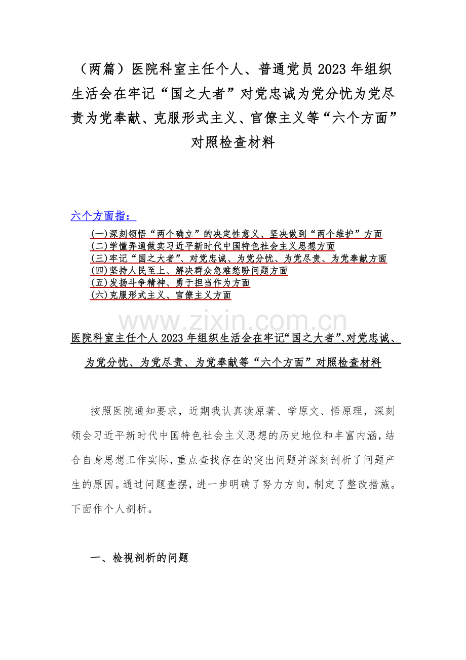 （两篇）医院科室主任个人、普通党员2023年组织生活会在牢记“国之大者”对党忠诚为党分忧为党尽责为党奉献、克服形式主义、官僚主义等“六个方面”对照检查材料.docx_第1页