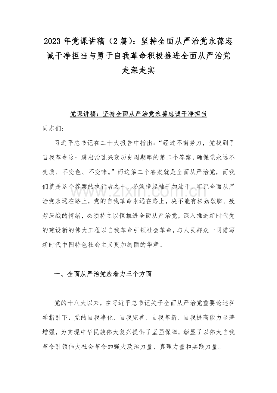 2023年党课讲稿（2篇）：坚持全面从严治党永葆忠诚干净担当与勇于自我革命积极推进全面从严治党走深走实.docx_第1页