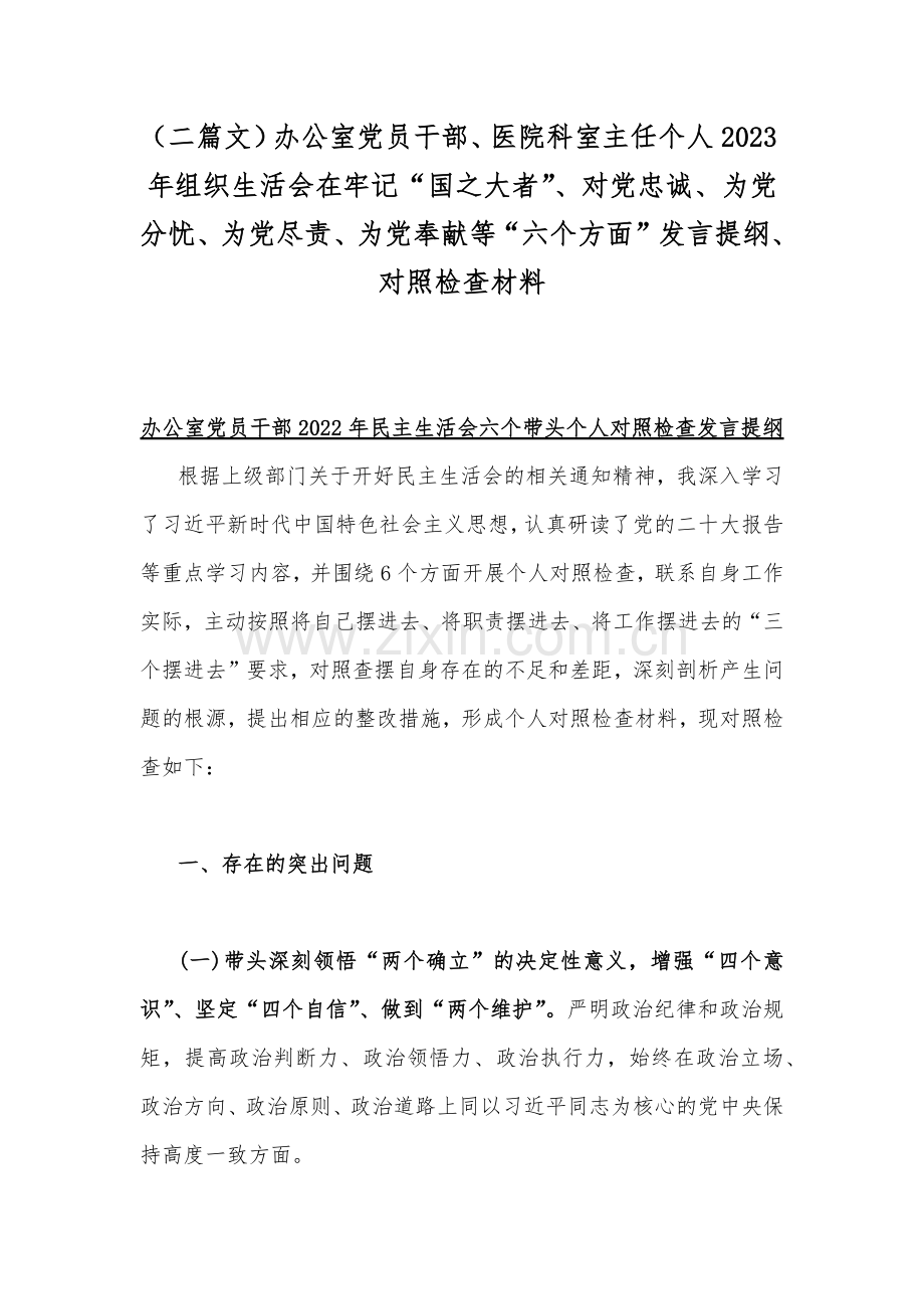 （二篇文）办公室党员干部、医院科室主任个人2023年组织生活会在牢记“国之大者”、对党忠诚、为党分忧、为党尽责、为党奉献等“六个方面”发言提纲、对照检查材料.docx_第1页