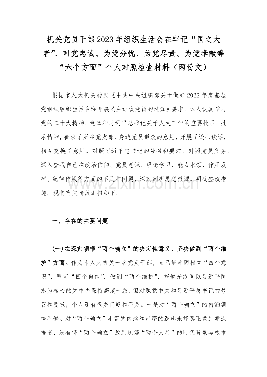 机关党员干部2023年组织生活会在牢记“国之大者”、对党忠诚、为党分忧、为党尽责、为党奉献等“六个方面”个人对照检查材料（两份文）.docx_第1页