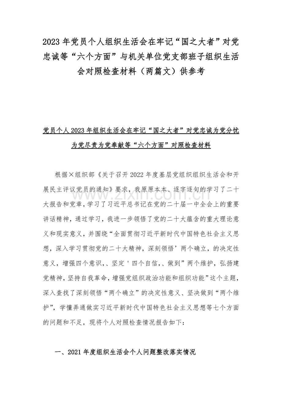 2023年党员个人组织生活会在牢记“国之大者”对党忠诚等“六个方面”与机关单位党支部班子组织生活会对照检查材料（两篇文）供参考.docx_第1页