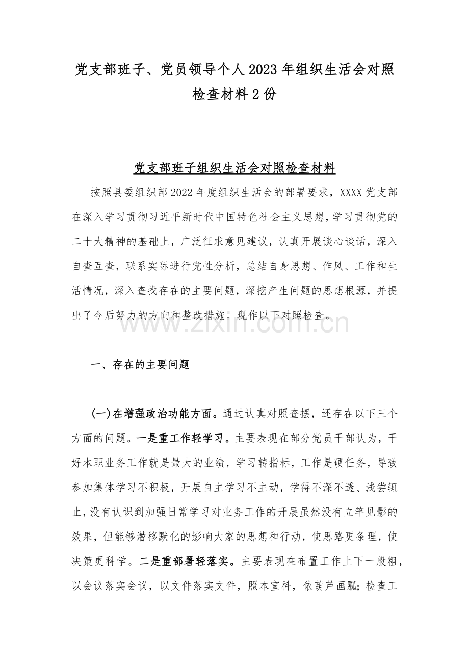 党支部班子、党员领导个人2023年组织生活会对照检查材料2份.docx_第1页