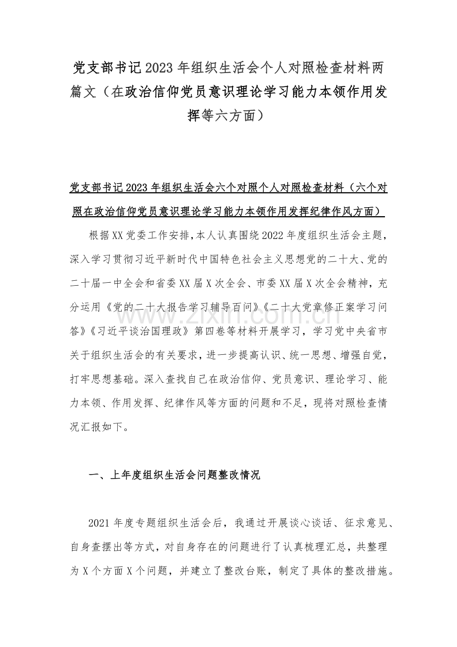 党支部书记2023年组织生活会个人对照检查材料两篇文（在政治信仰党员意识理论学习能力本领作用发挥等六方面）.docx_第1页